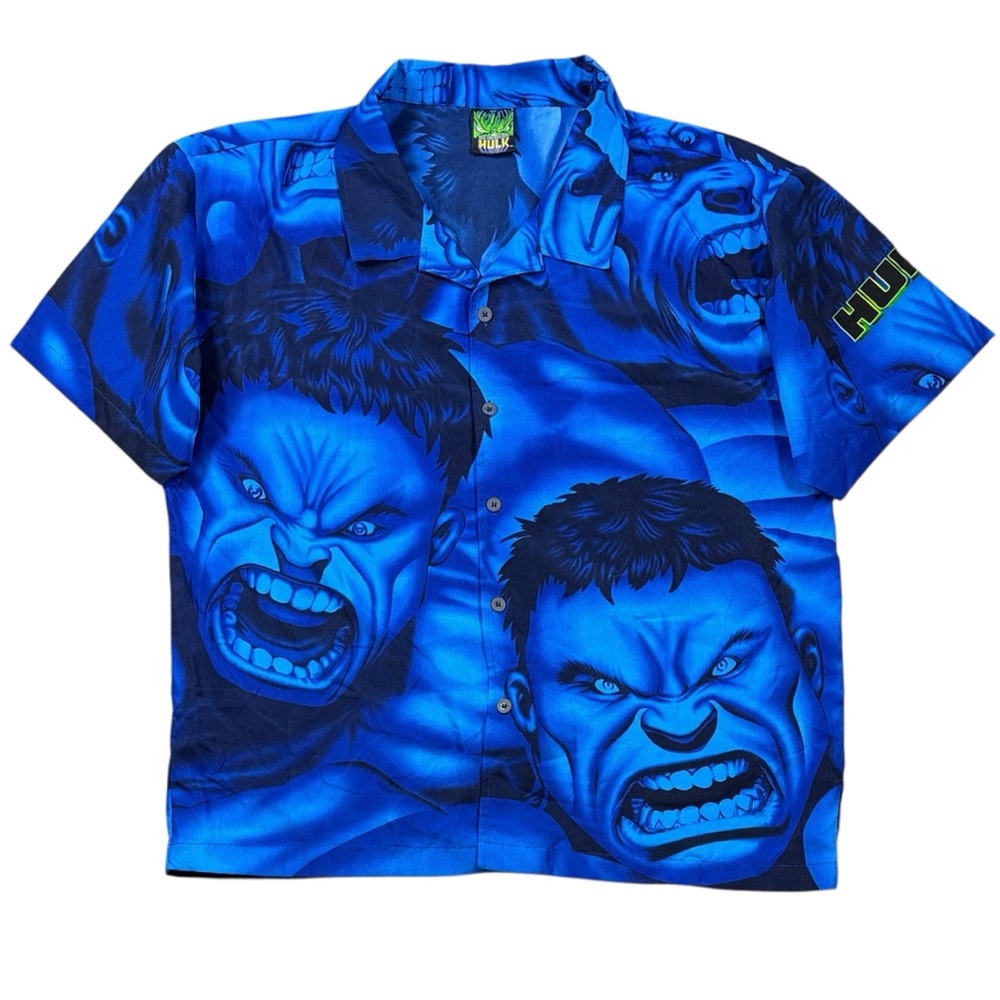 Vintage Y2K Marvel‎ Incredible Hulk Blue All Over Print Button Up Shirt Mens L